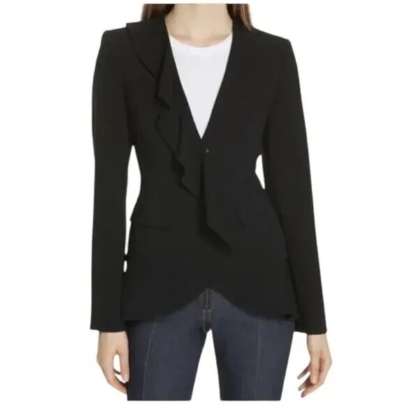 Cinq a Sept Lanier Ruffle Blazer Size 6 Black With Pockets Formal Luxury Jacket - Picture 1 of 11